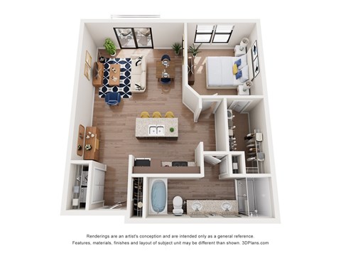 A 3D floor plan of a small apartment with a kitchen, living room, and bathroom.